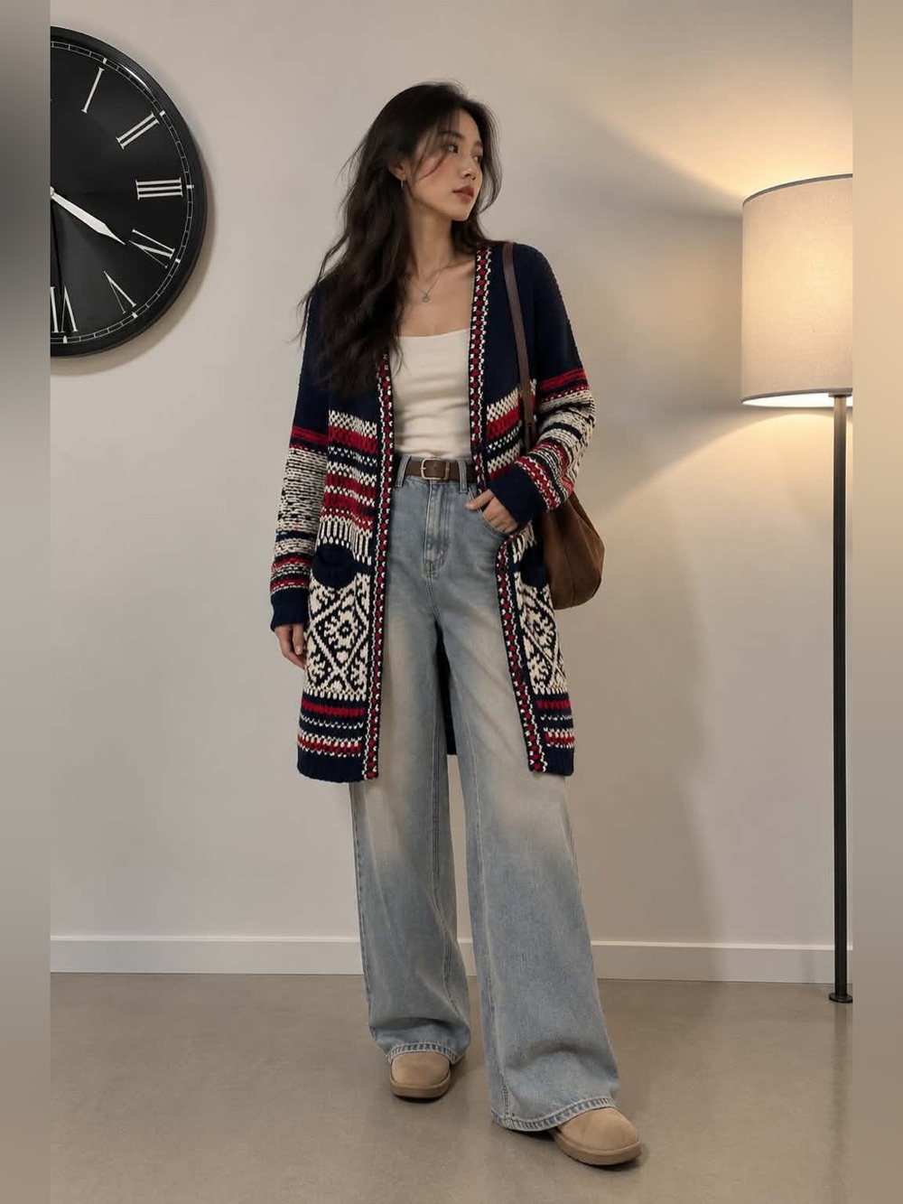 Free People Navy, Cream & Red Patterned Open-Front Cardigan